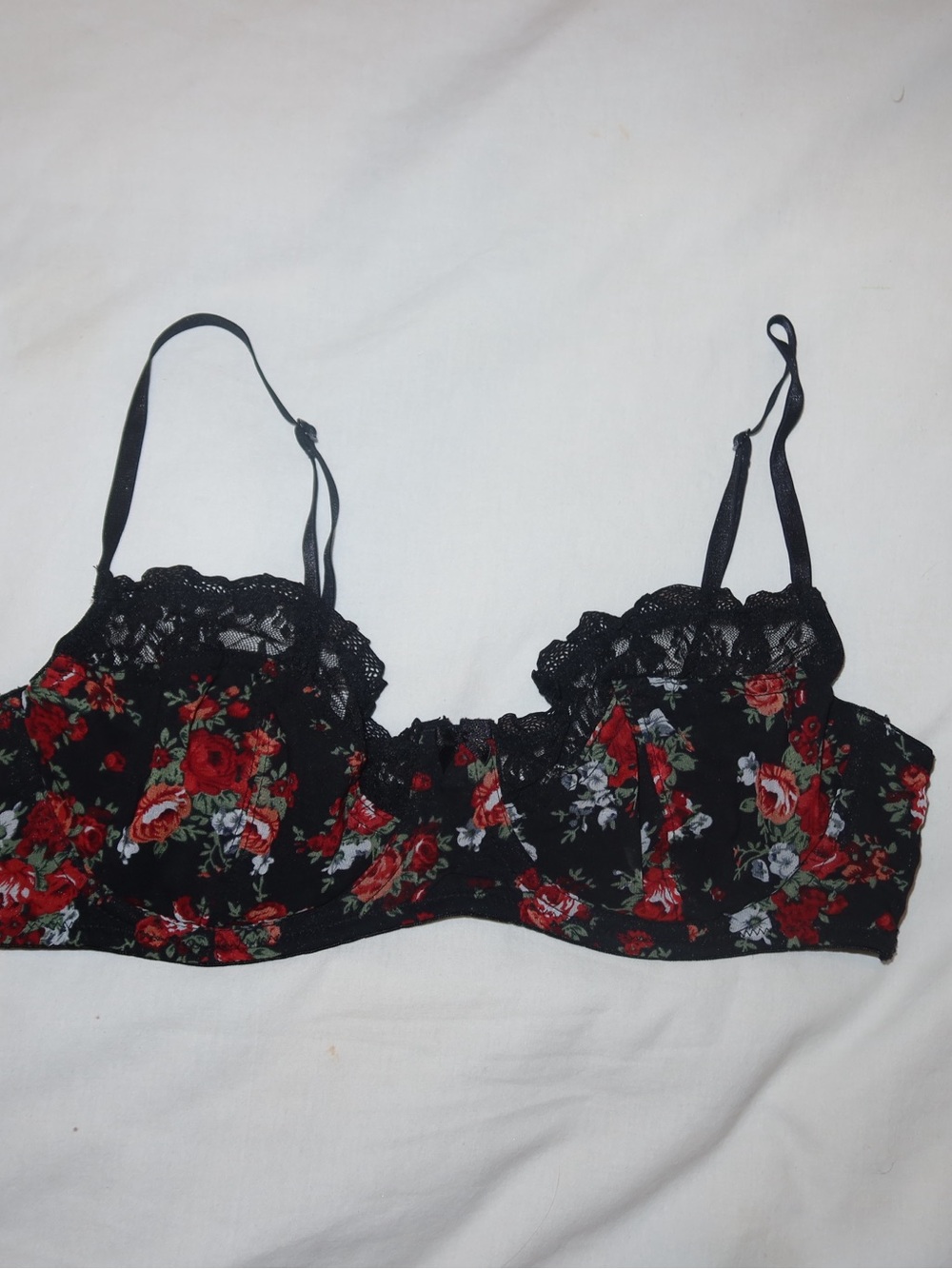 Forever 21 Black Floral Lace Bralette with Red Roses